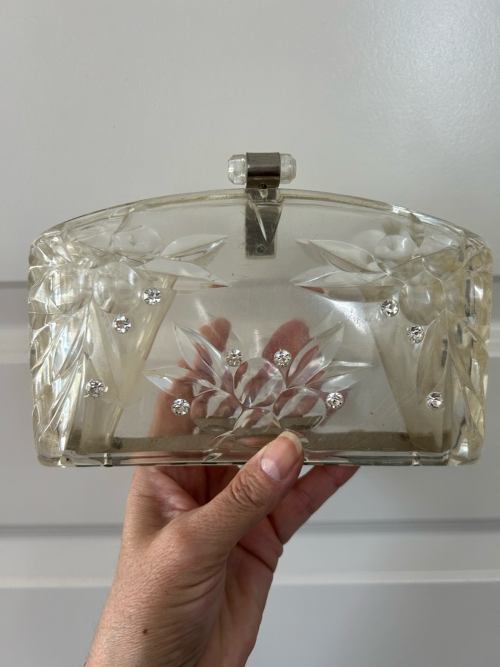 Vintage 50s Floral Etched Clutch with Rhinestone Accents